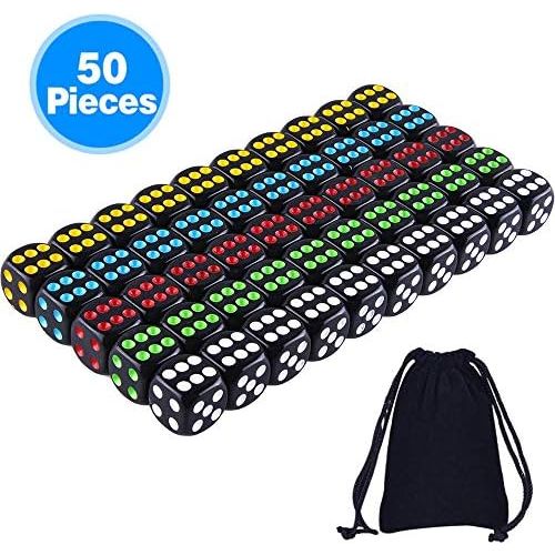  [아마존베스트]AUSTOR 50 Pcs Dice Set 6 Sided Rounded Edges Black Dice with Colorful Pips with a Free Storage Bag