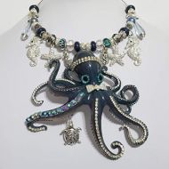 Claire Kern Creations Big Octopus Starfish Seahorses Signed Sparkly Crystal Necklace Earrings Ring One of a Kind