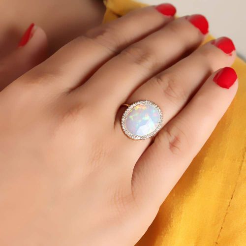  AnjisTouch Natural 2.23 Ct Opal Gemstone Cocktail Ring Solid 14k Yellow Gold Diamond Pave Wedding Fine Jewelry Special Gift