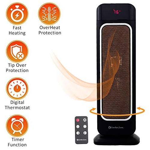  Comfort Zone Oscillating Space Heater  Ceramic Forced Fan Heating with Stay Cool Housing - Tower with Remote Control, Digital Thermostat, Timer, Large Temperature Display and Effi