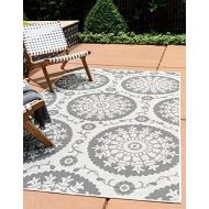 Unique Loom Outdoor Collection Floral Abstract Indoor and Outdoor Transitional Gray Area Rug (6 x 9)