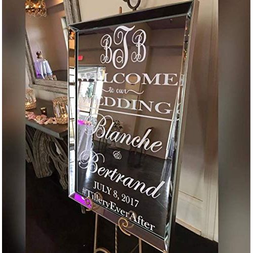  Maple Enterprise Wedding Welcome Mirror Vinyl Decal Sign Customized Bride and Groom Name (White, 20 X 32)