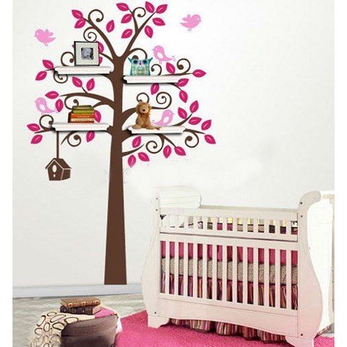  Luckshop Vinyl Wall Tree Decal Shelves Crib Nursery Color Leaf Bird Owl Shelf Art Home Decals Wall Sticker Stickers Living Room Bed Baby Removable