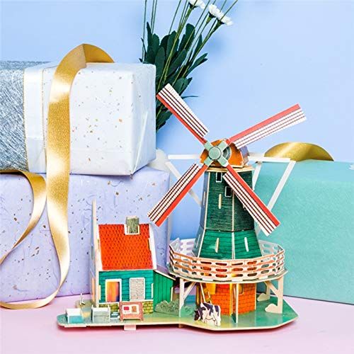  ZAMTAC Robotime DIY Wooden City Puzzle Home Accessories Table Decoration Figurine Miniature Dollhouse Kits Gift for Living Girl Room SJ - (Color: Dutch Windmill)