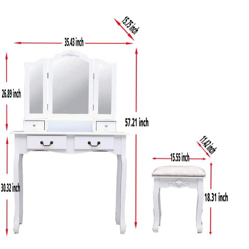  SF Tenozek Tri-fold Mirror 4-Drawer Dresser Dressing Table with Dressing Stool White