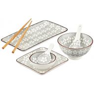 MAESER Maser, Serie Osaka Sushi Set 7-tlg, Porzellan Geschirr-Set dekoriert in den Farben Grau und Weiss, inkl Esstabchen