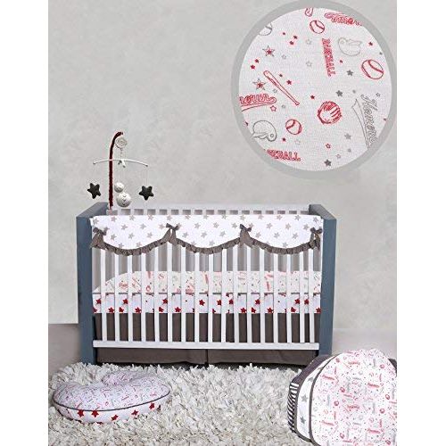  Bacati Baseball 100% Cotton 3 Piece Boys Crib Set with 4 Layer Lux BlanketFitted SheetSkirt, RedGrey