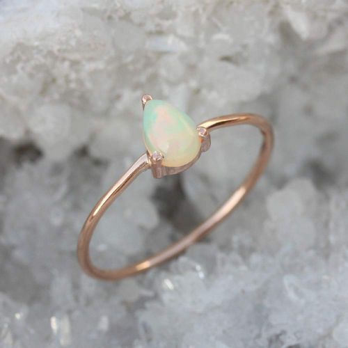  AnjisTouch Genuine 0.31 Ct. Pear Shape Opal Gemstone Delicate Ring Solid 14k Rose Gold Handmade Jewelry Bridal Gift