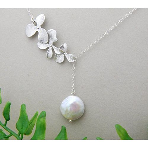  Danglingjewelry Bridesmaid Gift Lariat Orchid Pearl Necklace Coin Pearl, Set FOUR, Wedding Jewelry, Bridesmaid Necklace, Maid of Honor, Wedding Jewelry