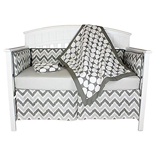  Bacati Dots and Chevron 4-in-1 Cotton Baby Crib Bedding Set, Bumper Pad, Grey