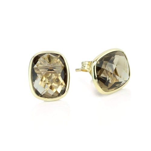  Amazinite 14k Yellow Gold Stud Earrings With Cushion Cut Smoky Quartz - Gemstone Studs