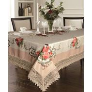 Violet Linen Decorative Printed Ascott Tablecloth with Lace Trimming, 70 X 120, Ivory
