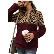 [아마존 핫딜] Angashion Womens Long Sleeve Half Zip Up Warm Fuzzy Leopard Print Patchwork Fleece Pullover Tops with Pocket for Winter