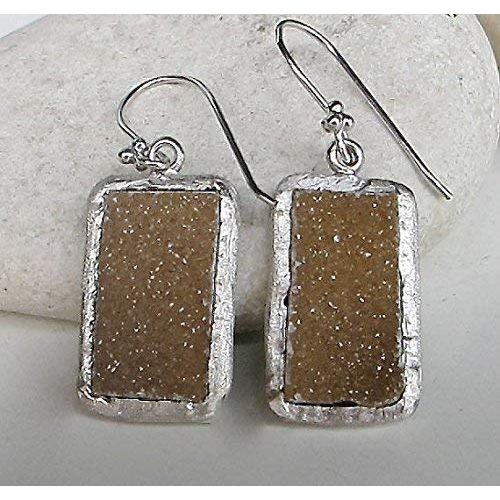  Belesas Rectangle Druzy Dangle Earring- Brown Drusy Earring- Edgy Statment Earring- Unique Brown Earring- Sterling Silver Earring- Jewelry Gifts for her