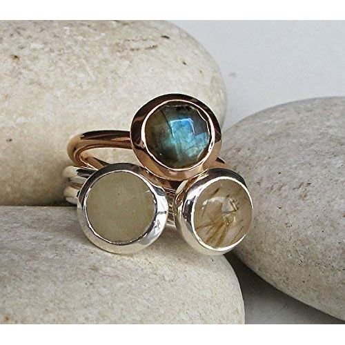  Belesas Unique Stackable Ring- Rose Gold Ring- Round Simple Ring Set-Labradorite Sapphire Quartz Ring-Statement Gemstone Ring- Jewelry Gifts for Her