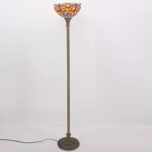  WERFACTORY Tiffany Style Torchiere Light Floor Standing Lamp Wide 12 Tall 66 Inch Orange Blue Stained Glass Crystal Bead Dragonfly Lampshade for Living Room Bedroom Antique Table Set S168 WER