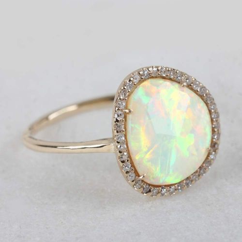  AnjisTouch Genuine Pave Diamond Opal Cocktail Ring Solid 14k Yellow Gold Gemstone Unique Wedding Fine Jewelry Special Gift