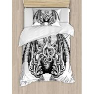 [아마존베스트]Ambesonne Kraken Duvet Cover Set, Cthulhu Monster Evil Fictional Cosmic Monster in Woodblock Style Illustration Print, Decorative 2 Piece Bedding Set with 1 Pillow Sham, Twin Size,