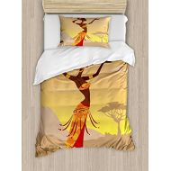 Ambesonne African Duvet Cover Set, Creative Woman in Desert with Gulls Flying Around Folk Female Print, Decorative 2 Piece Bedding Set with 1 Pillow Sham, Twin Size, Amber Tan