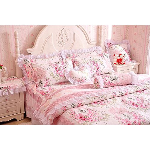  LELVA Romantic Rose Flower Print Bedding for Girls Floral Bed Skirt Set 4 Piece Princess Lace Ruffle Duvet Cover Set Twin Blue