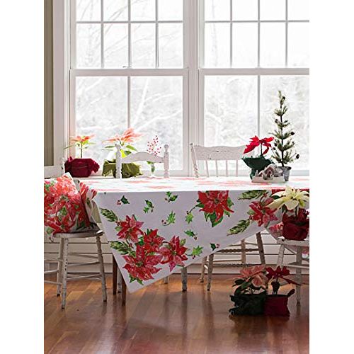  April Cornell Holiday Poinsettia Print 54 Inch Square 100% Tablecloth - Seats 4