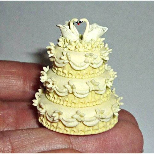  Donlane Dollhouse miniature 1:12 sweet wedding cake, 2 swans (OOAK)