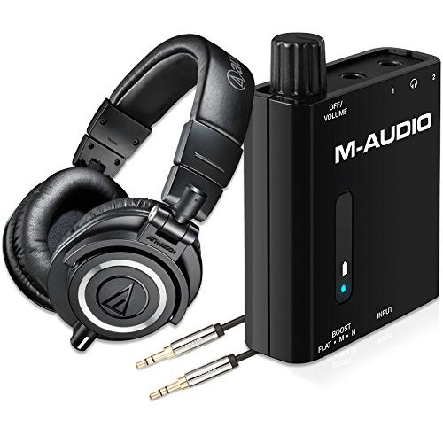 오디오테크니카 Audio-Technica ATH-M50x Professional Studio Monitor Headphones, Black with Portable Powered Headphone Amplifier and Male to Male Stereo Audio Aux Cable - 2 Feet (0.6 Meters)