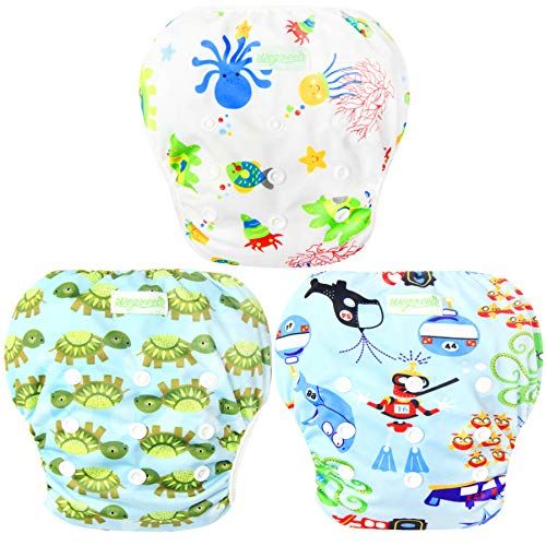  Wegreeco Baby & Toddler Snap One Size Adjustable Reusable Baby Swim Diaper (Diving,Ocean,Turtle,Large,3 Pack)