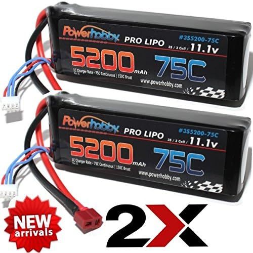  Hobbypower PowerHobby 3S 11.1V 5200mAh 75C Lipo Battery 2 Pack w Deans Plug 3-Cell (2) Fits : Assocated Hpi Savage Vorza E10 Rs4 Blitz Arrma Kraton Typhon Duratrax …