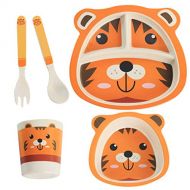 Merssavo 5PCS Cute Baby Plate Spoon Cup Forks Dinnerware Feeding Bamboo Fiber Tableware Tiger
