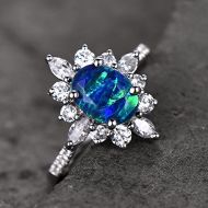 BBBGEM Opal engagement ring 6x8mm Oval Dark Blue Green Opal Simulated Diamond Halo Ring Floral Vintage Anniversary Gift White gold plated