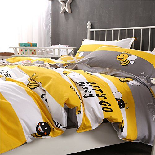  LELVA Cartoon Kids Bedding for Boys and Girls Duvet Cover Set Baby Bedding 4 Piece Cotton Bee Print Bedding Yellow (Queen, Fitted Sheet Set)