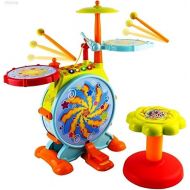 WolVol Electric Big Toy Drum Set for Kids with Movable Working Microphone to Sing and a Chair - Tons of Various Functions and Activity, Bass Drum and Pedal with Drum Sticks (Adjust