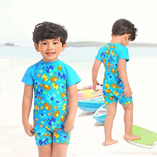  JUIOKK Baby Kids Boys One Pieces Swimsuit with Caps,Short Sleeve Boy-Leg Rash Guard Sun Protective Swimwear Wetsuit