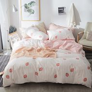 LELVA 3 Piece Twin Girls Bedding Cotton Stripe Duvet Cover Set Reversible Strawberry Print Quilt/Comforter Cover Set White and Pink