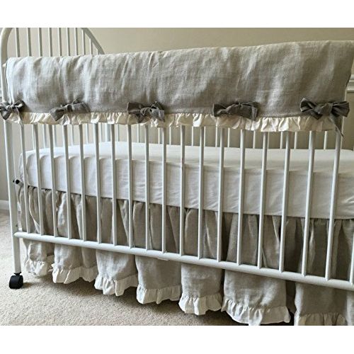  SuperiorCustomLinens Natural Linen Crib Rail Guard - Scalloped with ruffle hem, Crib Rail Cover for Teething, Handmade Bumperless Crib Bedding Set, Baby Bedding Set, FREE SHIPPING