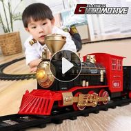 [아마존베스트]TEMI Electronic Classic Railway Train Sets w/ Steam Locomotive Engine, Cargo Car and Tracks, Battery Operated Play Set Toy w/ Smoke, Light & Sounds, Perfect for Kids, Boys & Girls,
