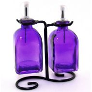 Romantic Decor and More Chic Olive Oil & Vinegar Kitchen Colored Glass Bottle Pourer G238VF Set/2pc ~Purple Glass Cruet Pourer, Roman Glass Bottles with Stainless Steel Spouts & Black Metal Swirl Stand