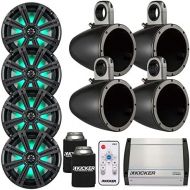 Kicker Marine Tower Bundle 4 8 LED Speakers and Towers in Black with 400 Watt Kicker Marine Amp, with LED Controller