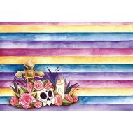 Laeacco Skull Flowers Cross Candle Backdrop 10x7ft Vinyl Photography Background Dia de Muertos Watercolor Stripes Background Colorful