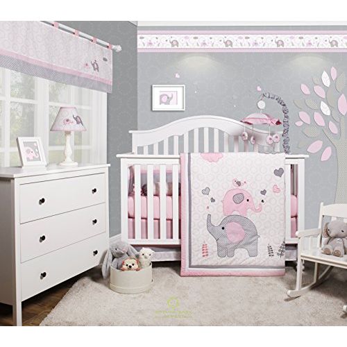  GEENNY OptimaBaby Pink Grey Elephant 6 Piece Baby Girl Nursery Crib Bedding Set