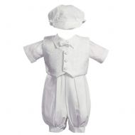 Swea Pea & Lilli Baby Boy White Poly Cotton Christening Baptism Romper Set with Vest and Hat