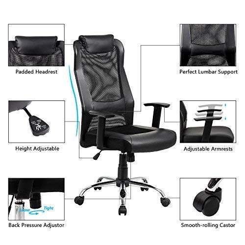  KADIRYA High Back Mesh Office Chair - Ergonomic Computer Desk Task Executive Chair with Padded Leather Headrest and Seat, Adjustable Armrests, Black