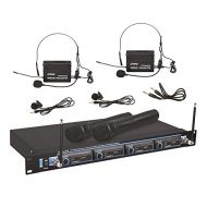 Pyle 4 Channel VHF Wireless Microphone System & Rack Mountable Base 2 Handheld MIC, 2 Headset, 2 Belt Pack, 2 LavelierLapel MIC With Independent Volume Controls AF & RF Signal Ind