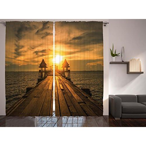  Ambesonne Scenery Decor Curtains, Wooden Dock Bangkok Bay Morning Lights Sunshine and Ocean Picture Print, Window Drapes 2 Panel Set for Living Room Bedroom, 108W X 84L inches
