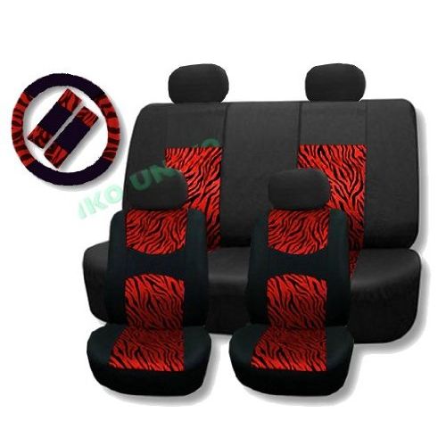  Premium Unique Imports Supreme Mesh Safari Accent Seat Covers Red Zebra Thick Padded Comfort - Front & Rear Steering Wheel Seat Belt Covers