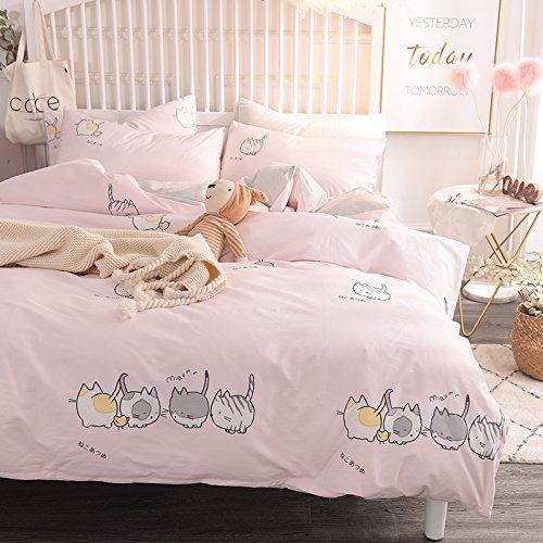 LELVA Cute Duvet Cover Set Teens Twin Pink Cats Print Bedding Sets Girls Comforter Cover Set 3 Piece