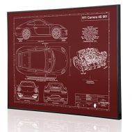 Engraved Blueprint Art LLC Porsche 991 911 Carrera 4S Blueprint Artwork-Laser Marked & Personalized-The Perfect Porsche Gifts