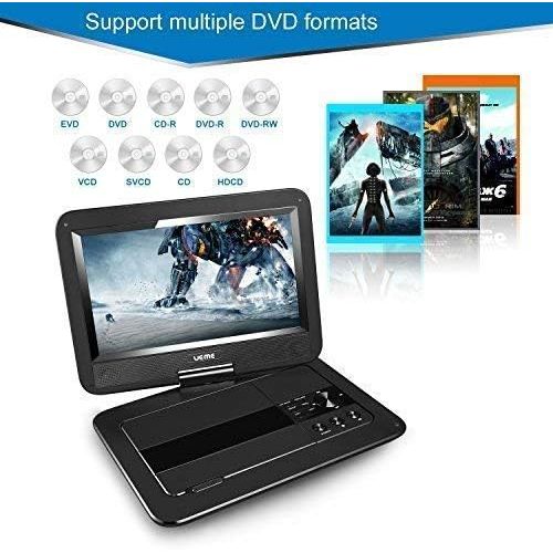 UEME Portable DVD CD Player with 10.1 Inch LCD Screen, Built-in Rechargeable Battery, Remote Control, Car Charger Wall Charger, Personal DVD Players with Canvas Headrest Case (Blac