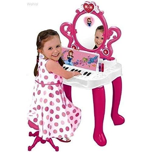  [아마존 핫딜] WolVol 2-in-1 Vanity Set Girls Toy Makeup Accessories with Working Piano & Flashing Lights, Big Mirror, Cosmetics, Working Hair Dryer - Glowing Princess Will Appear When Pressing T